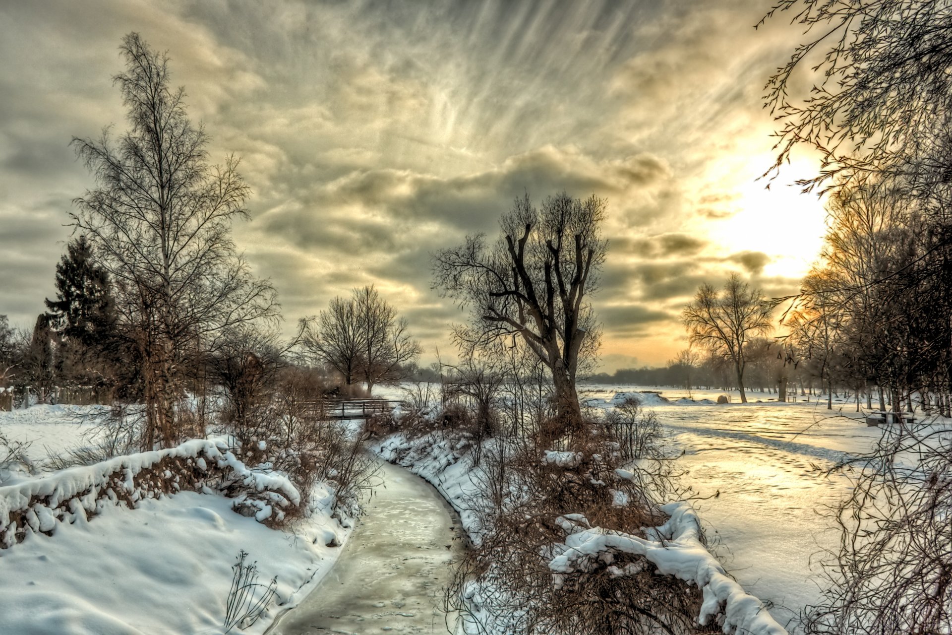 nature landscape river tree sky clouds snow winter sunset