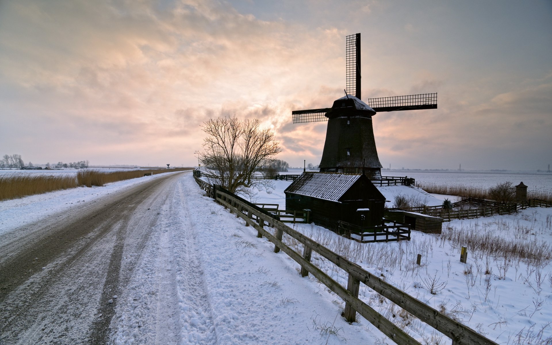 route moulin hiver coucher de soleil paysage