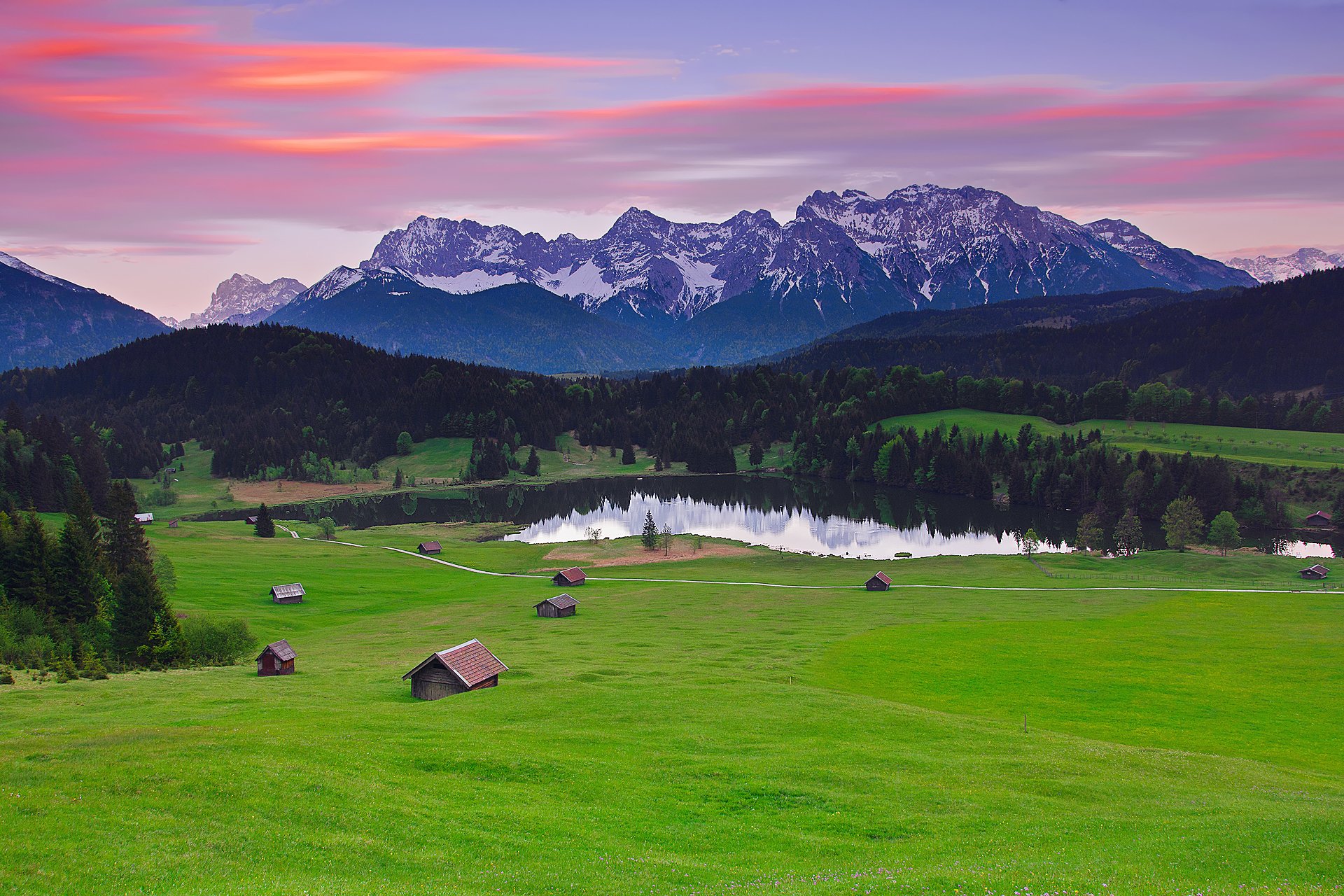 germany bayern munich mountain alps forest meadows grass house lake sky cloud