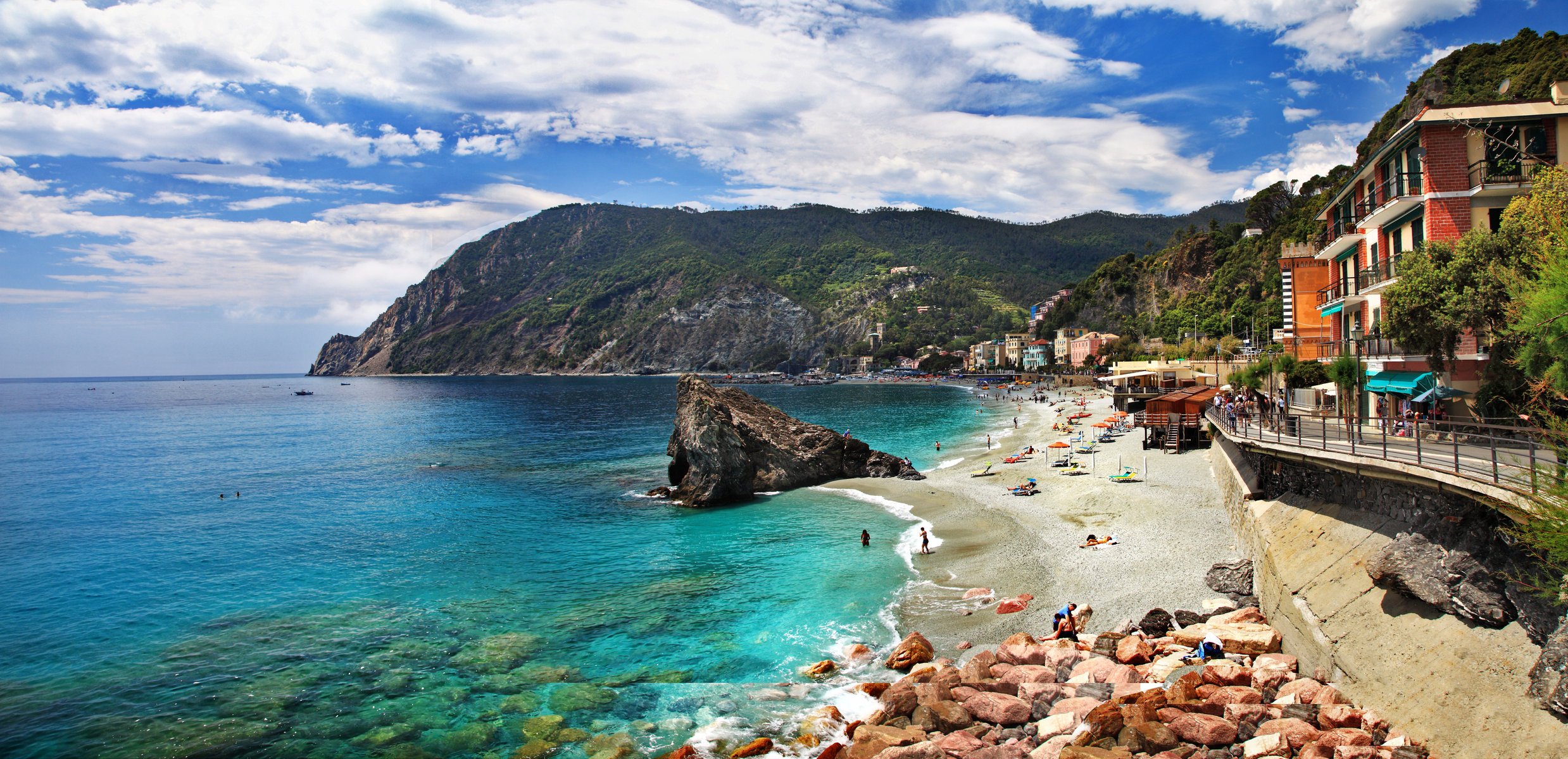 italy monterosso al mare monterosso al mare cinque terre cinque terre beach coast sea rocks houses mountains nature landscape