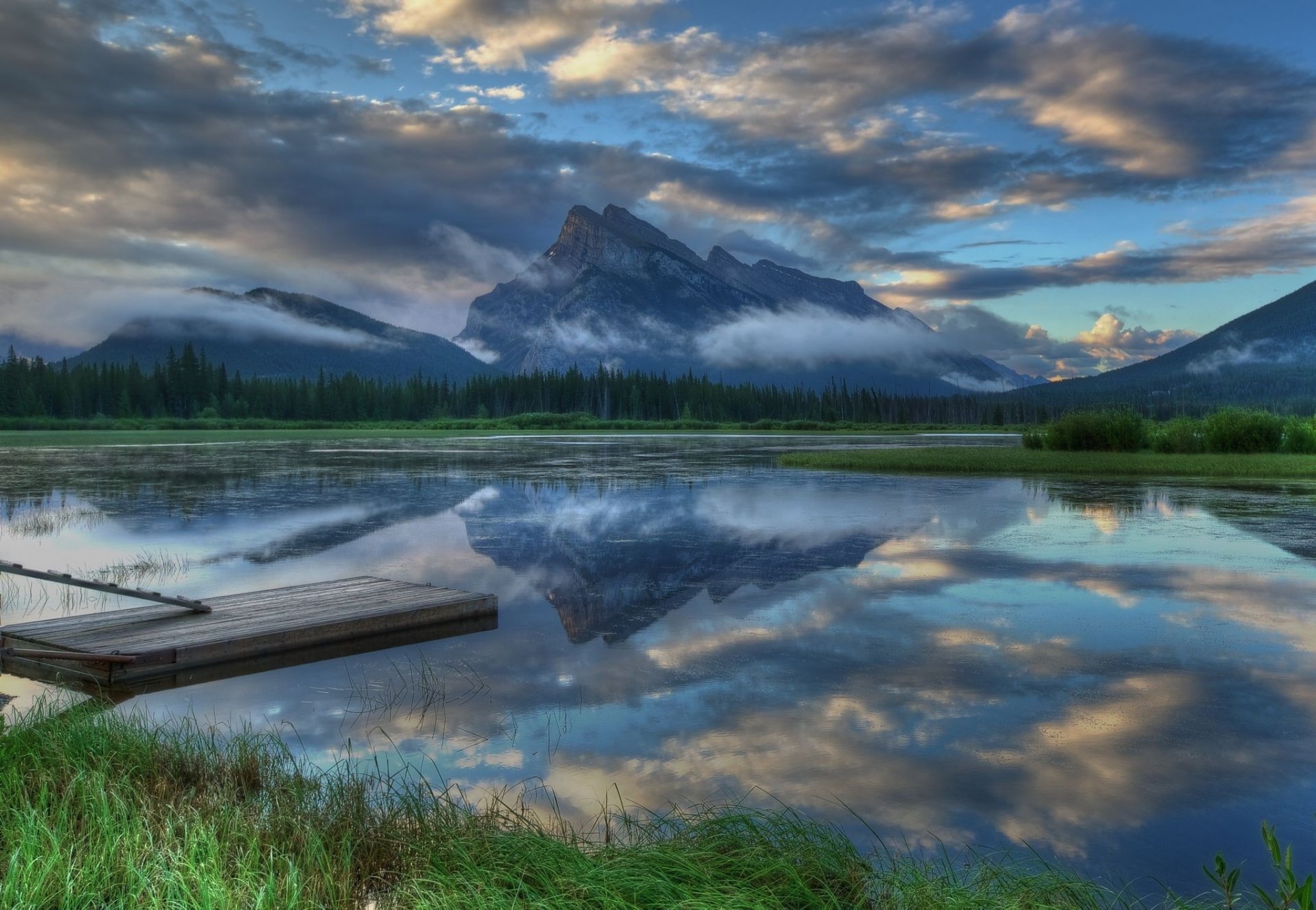 mountain forest sky clouds lake reflection