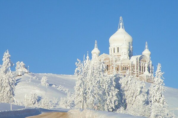 Frost on the trees near the Belogorsky Temple in winter