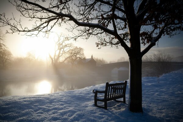 Paisaje de invierno con un banco junto al río