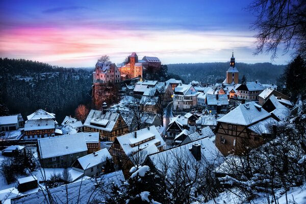 German houses on a winter evening