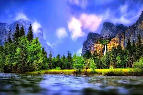 Nature ciel bleu nuages rose reflet dans le lac skila dnrevya