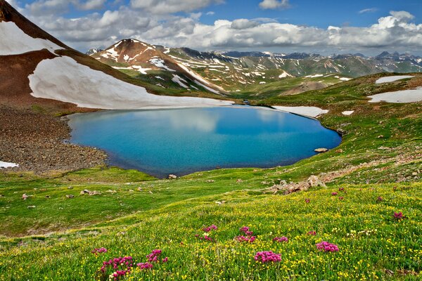 Sky with clouds and mountains on the lake in spring