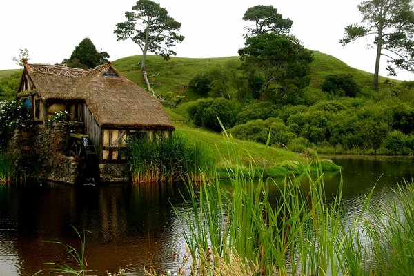 Wooden small house at the edge of the river