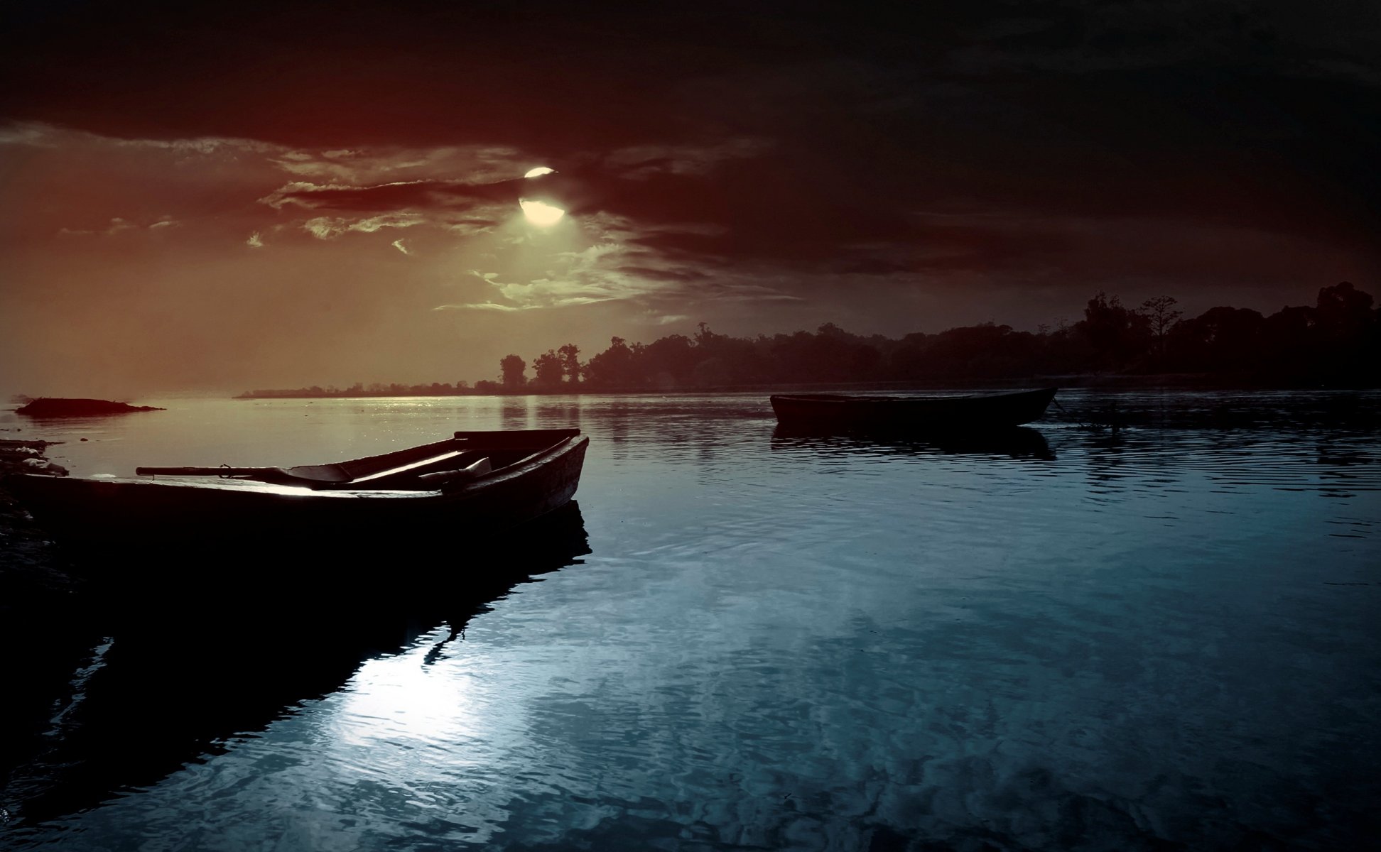nature landscape river water night moon sky clouds boat
