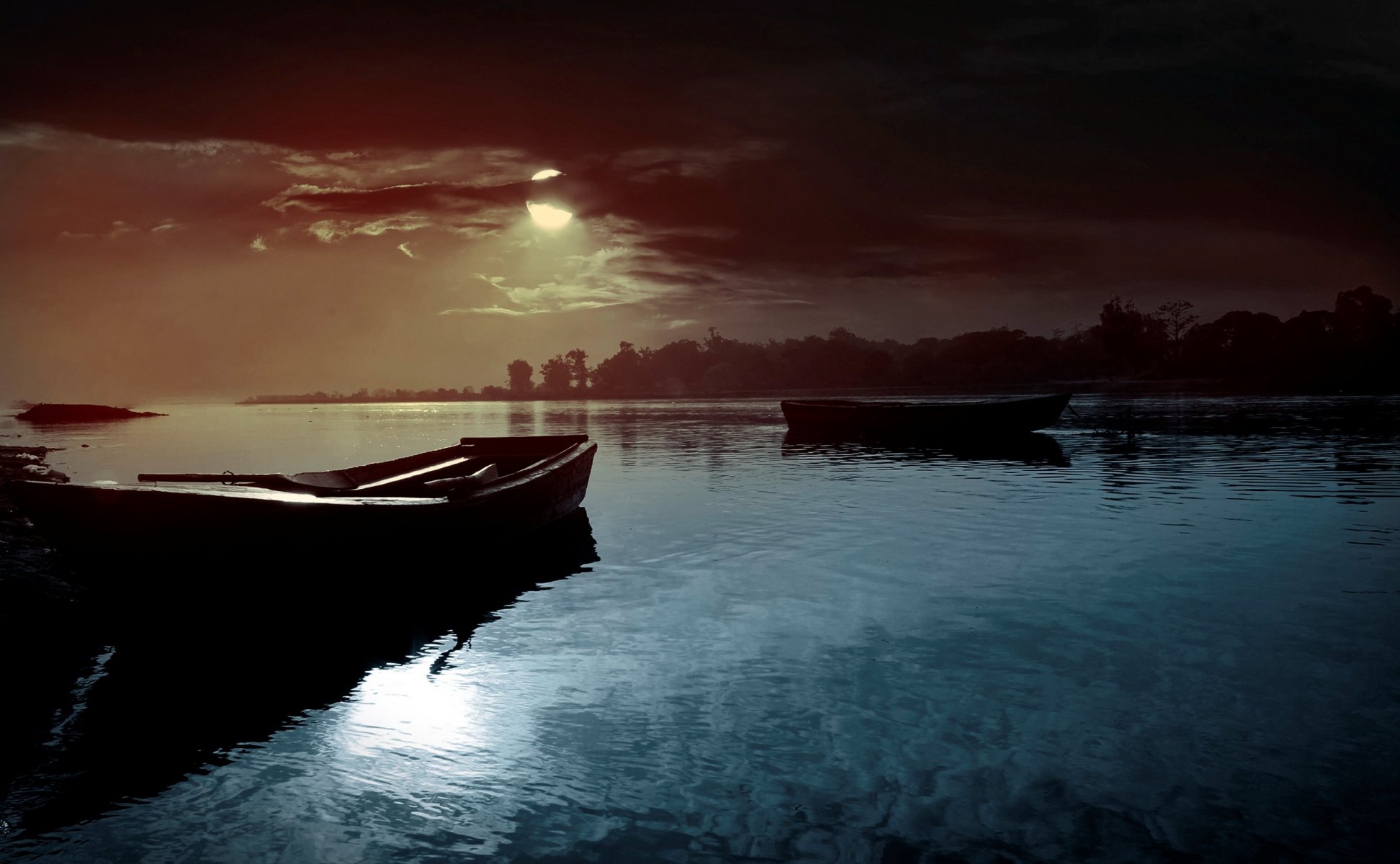 nature paysage rivière eau nuit lune ciel nuages bateaux