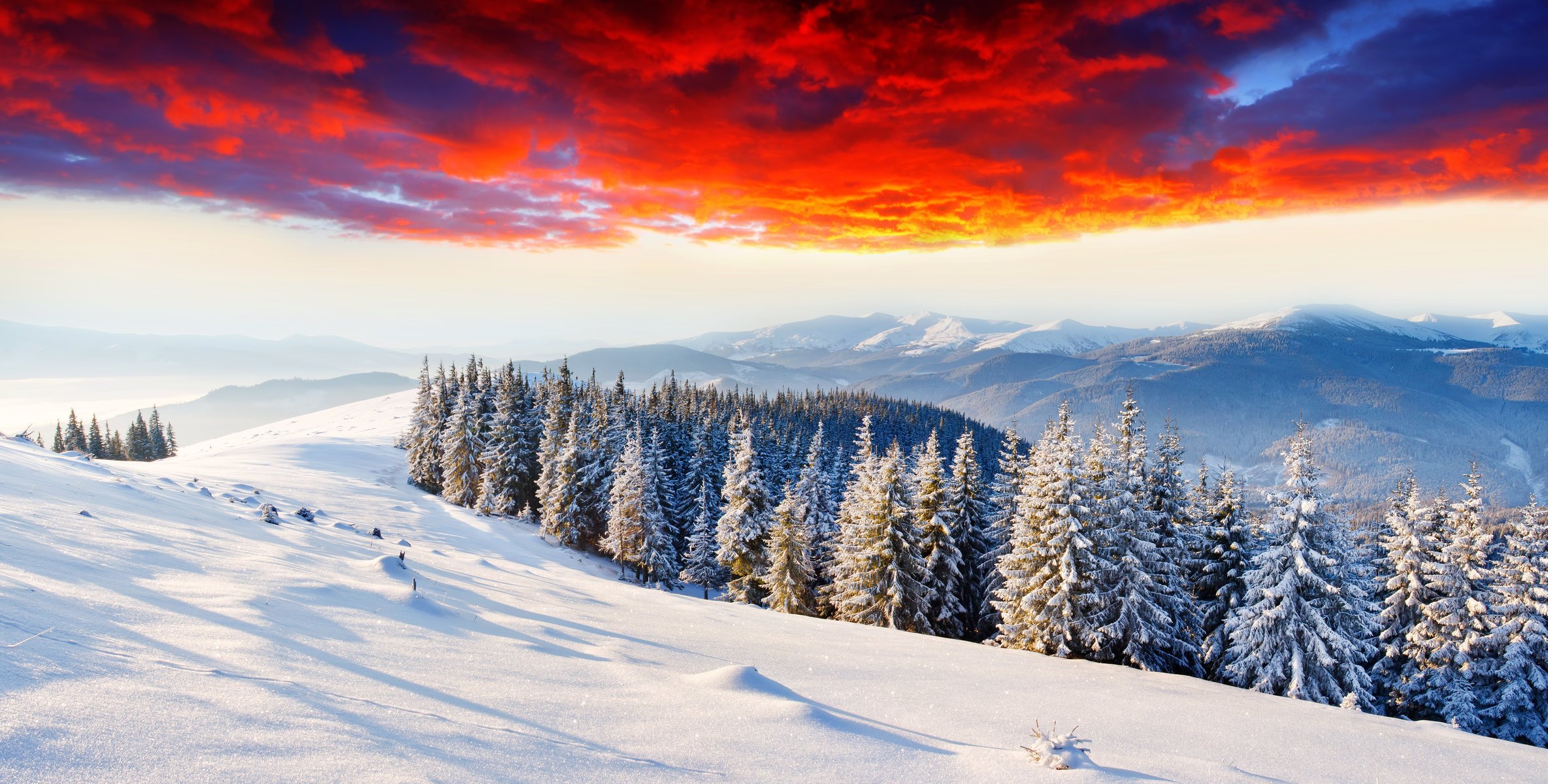 montagnes neige hiver aube lueur nuages forêt