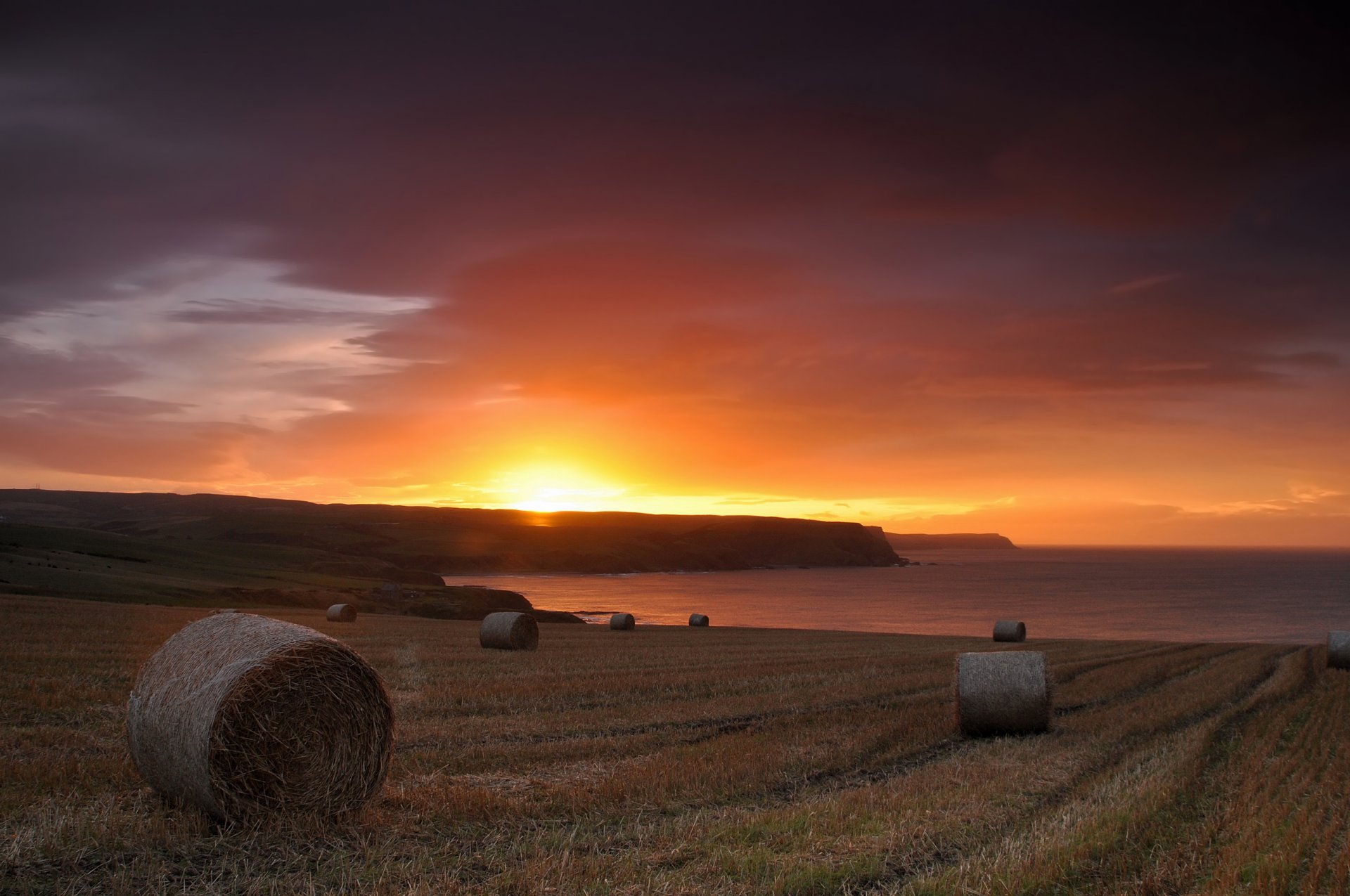 unset sky sun sea the field roll