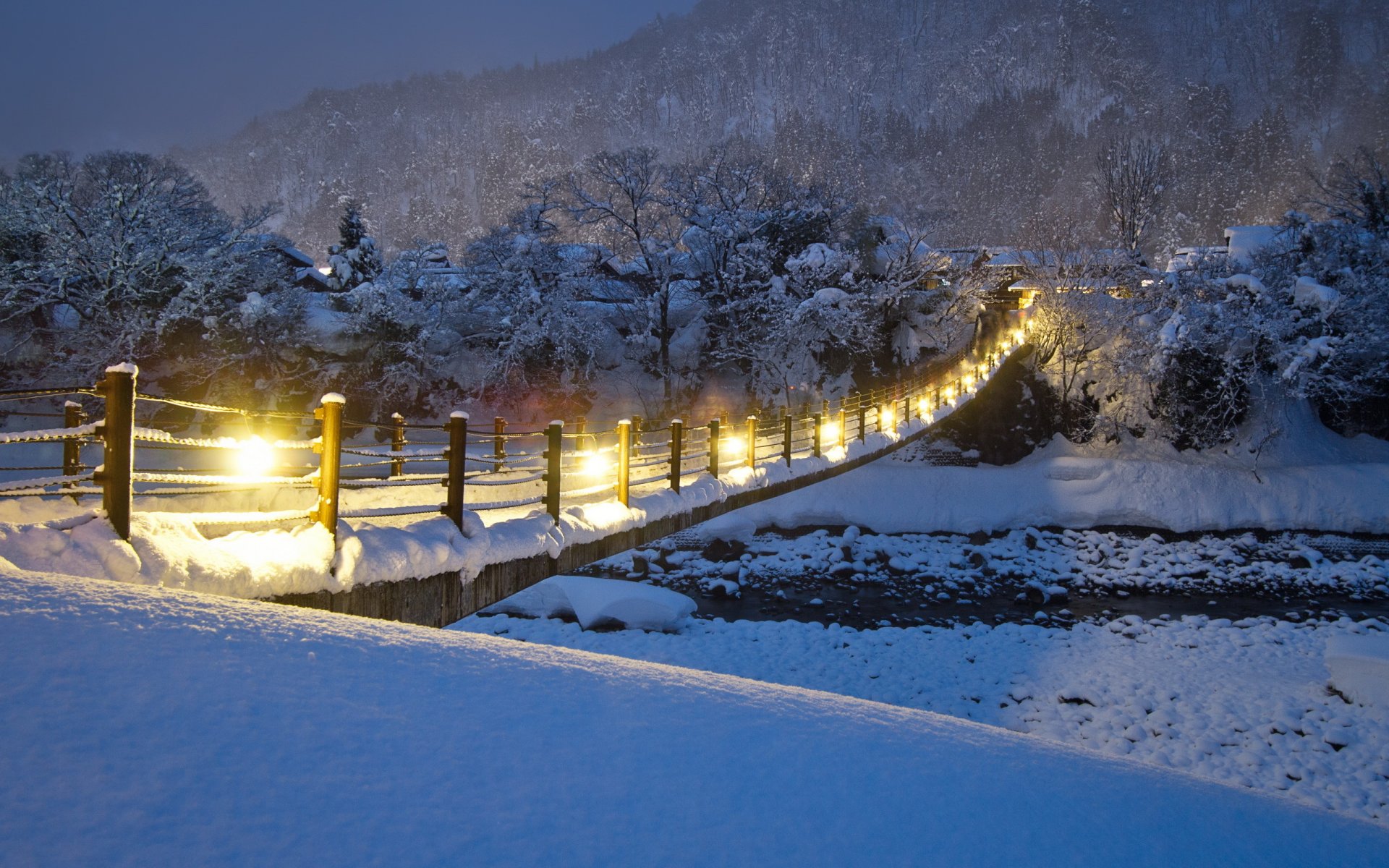 rivière pont nuit hiver