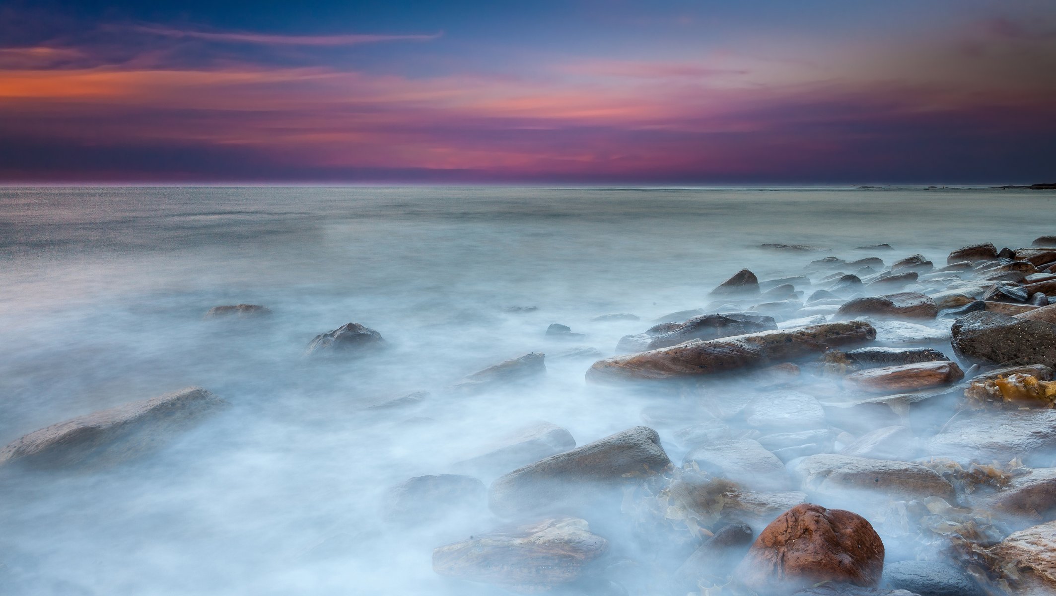 coucher de soleil mer pierres eau exposition