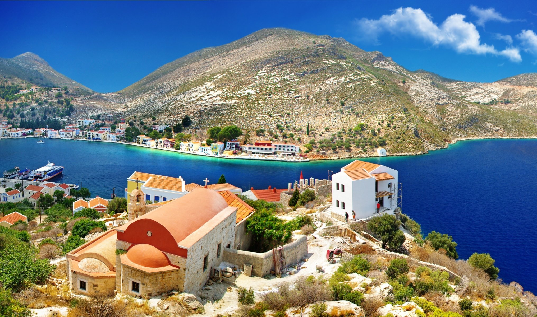 greece nature mountain stones slope tree church house sea coast