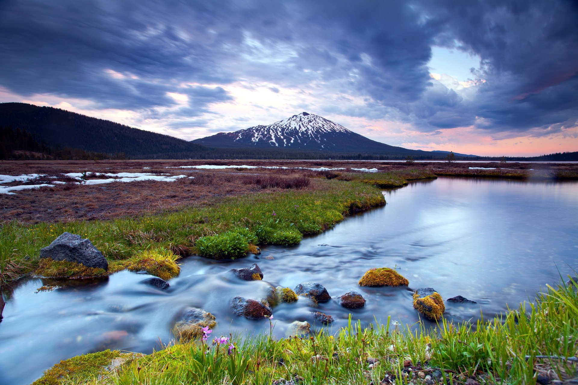 mountain river sunset nature landscape