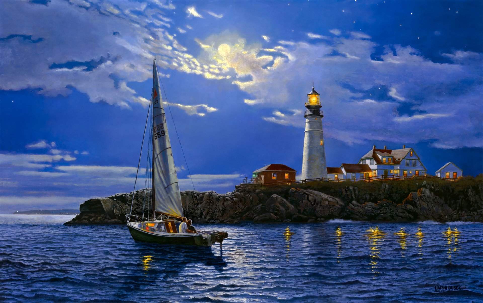 dave barnhouse calme paysage mer yacht phare art