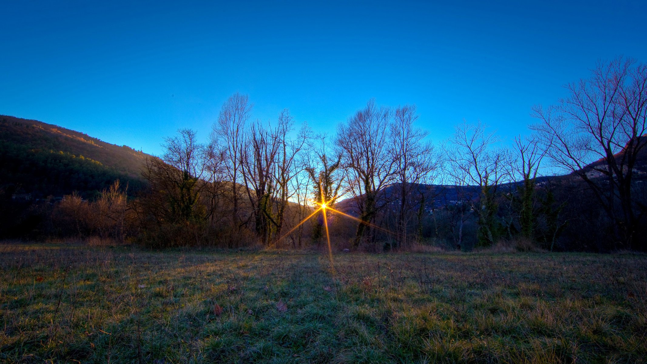 wald bäume zweige rasen lichtung gras berge hügel pisten ferne horizont himmel sonnenuntergang licht strahlen grün