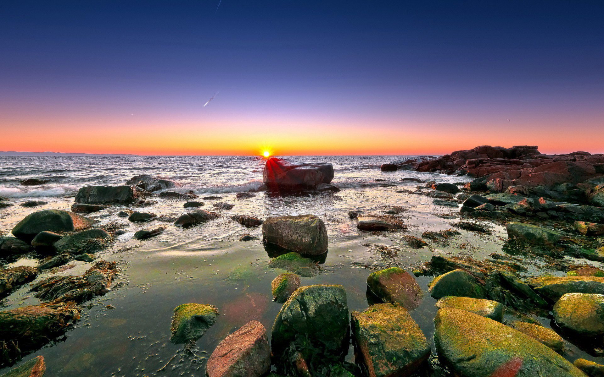 rocas algas mar rocas arrecifes horizonte cielo nubes amanecer sol rayos luz