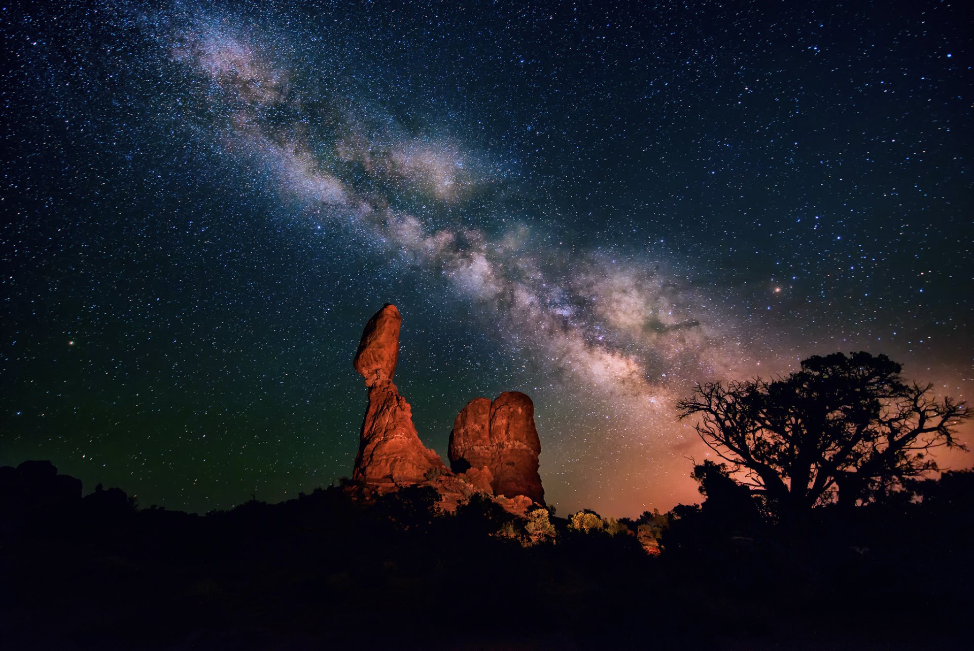 noche cielo estrellas vía láctea cañón desierto árbol arbustos siluetas