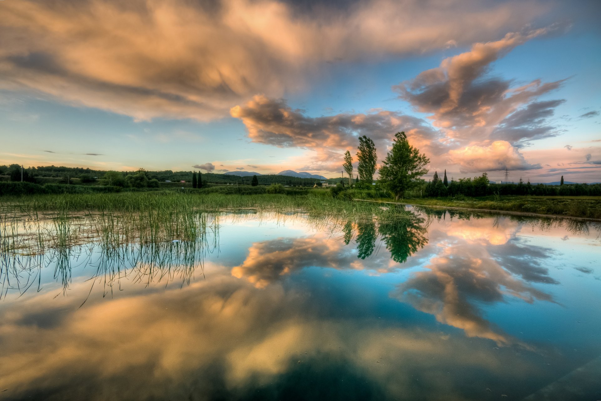 ky clouds tree spring lake water reflection