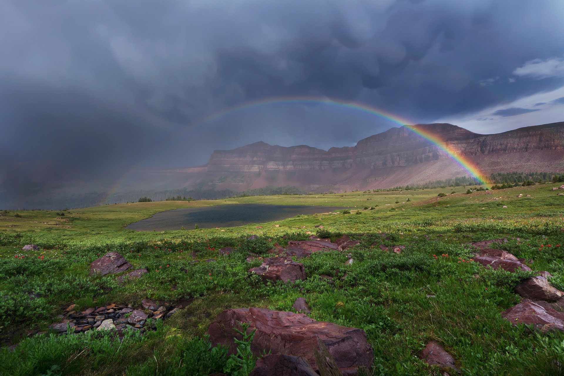 ciel nuages nuages arc-en-ciel montagnes lac herbe fleurs pierres