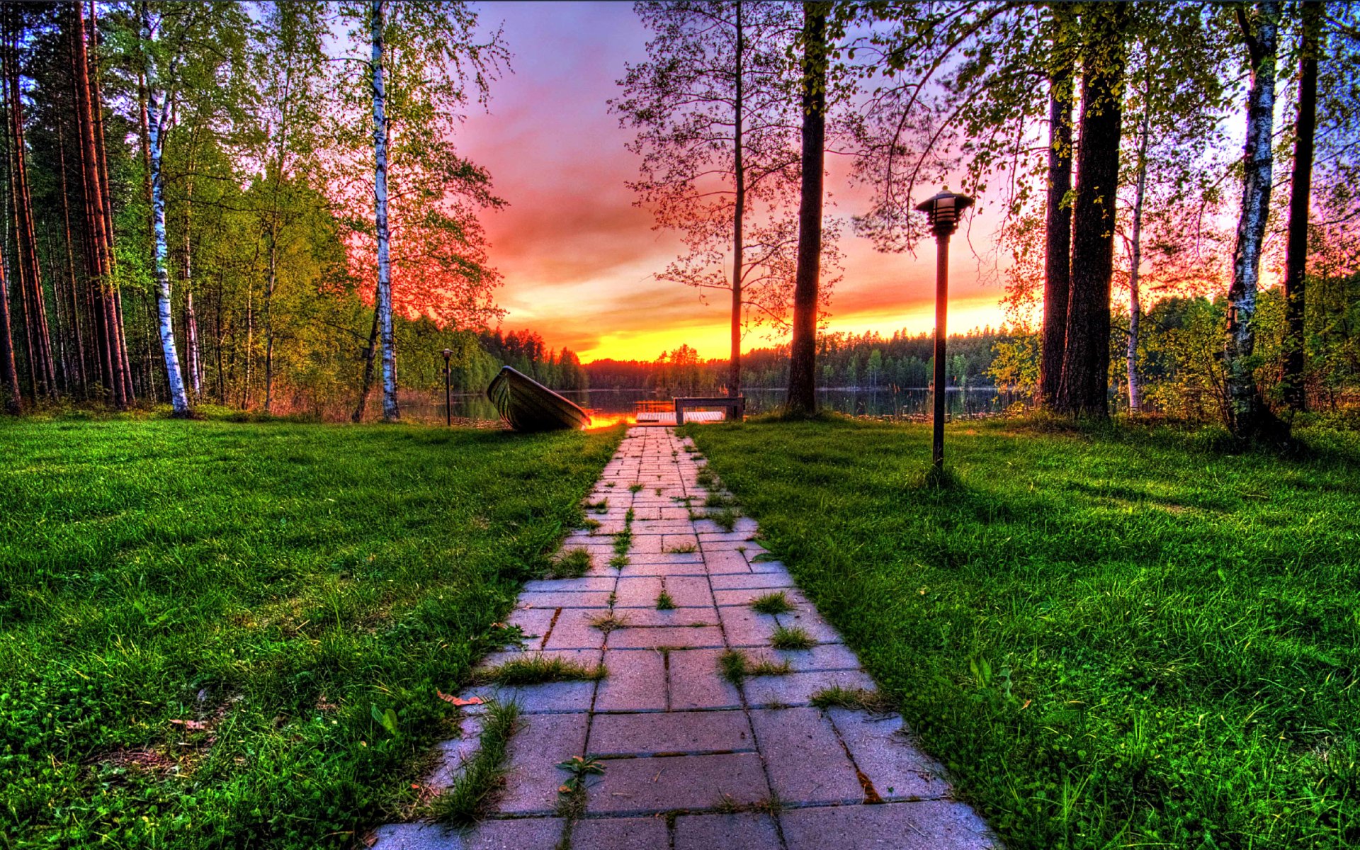 nature landscape sky clouds sunset lake boat tree forest