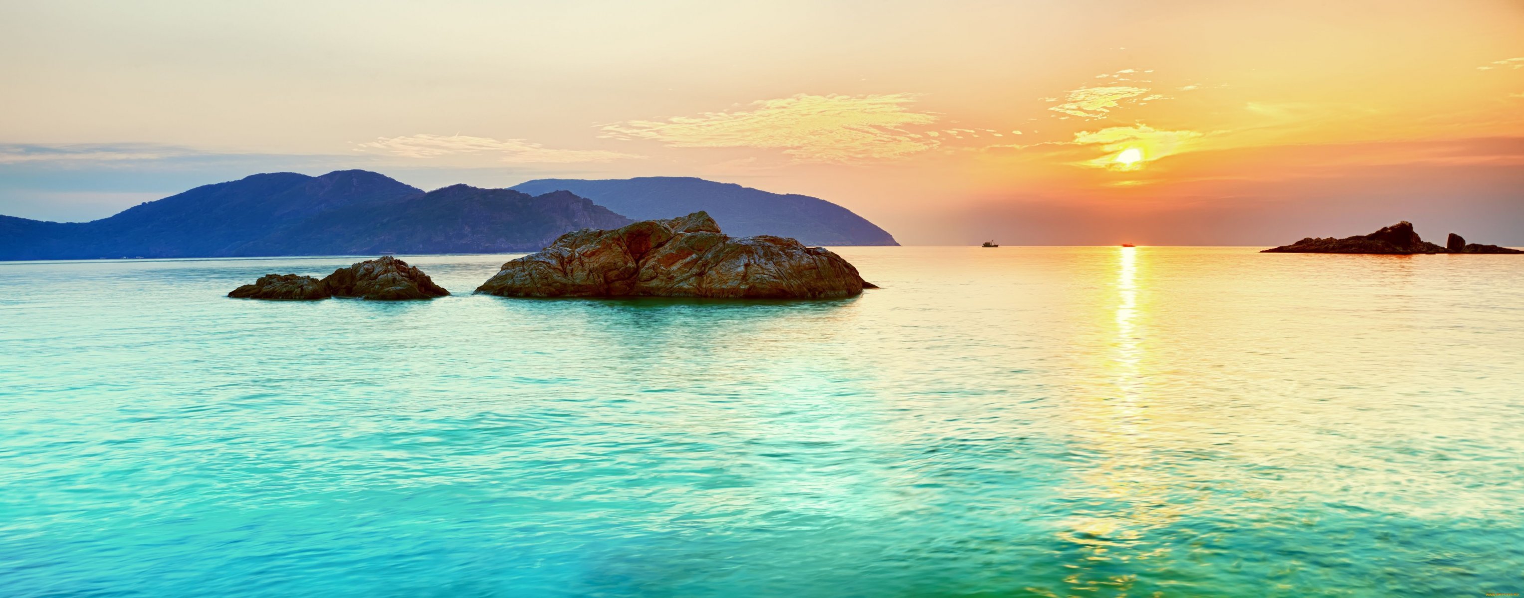 panorama landschaft horizont felsen insel wasser meer sonne himmel sonnenuntergang türkis