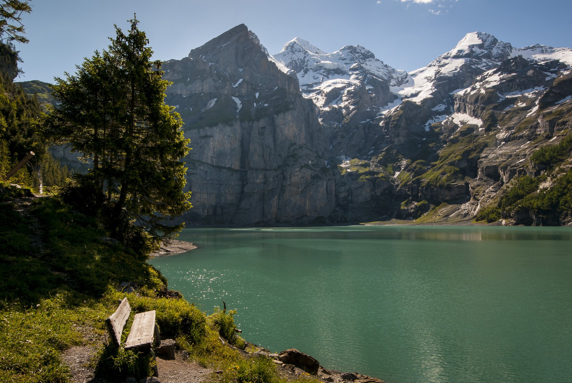 witzerland mountain lake bench tree