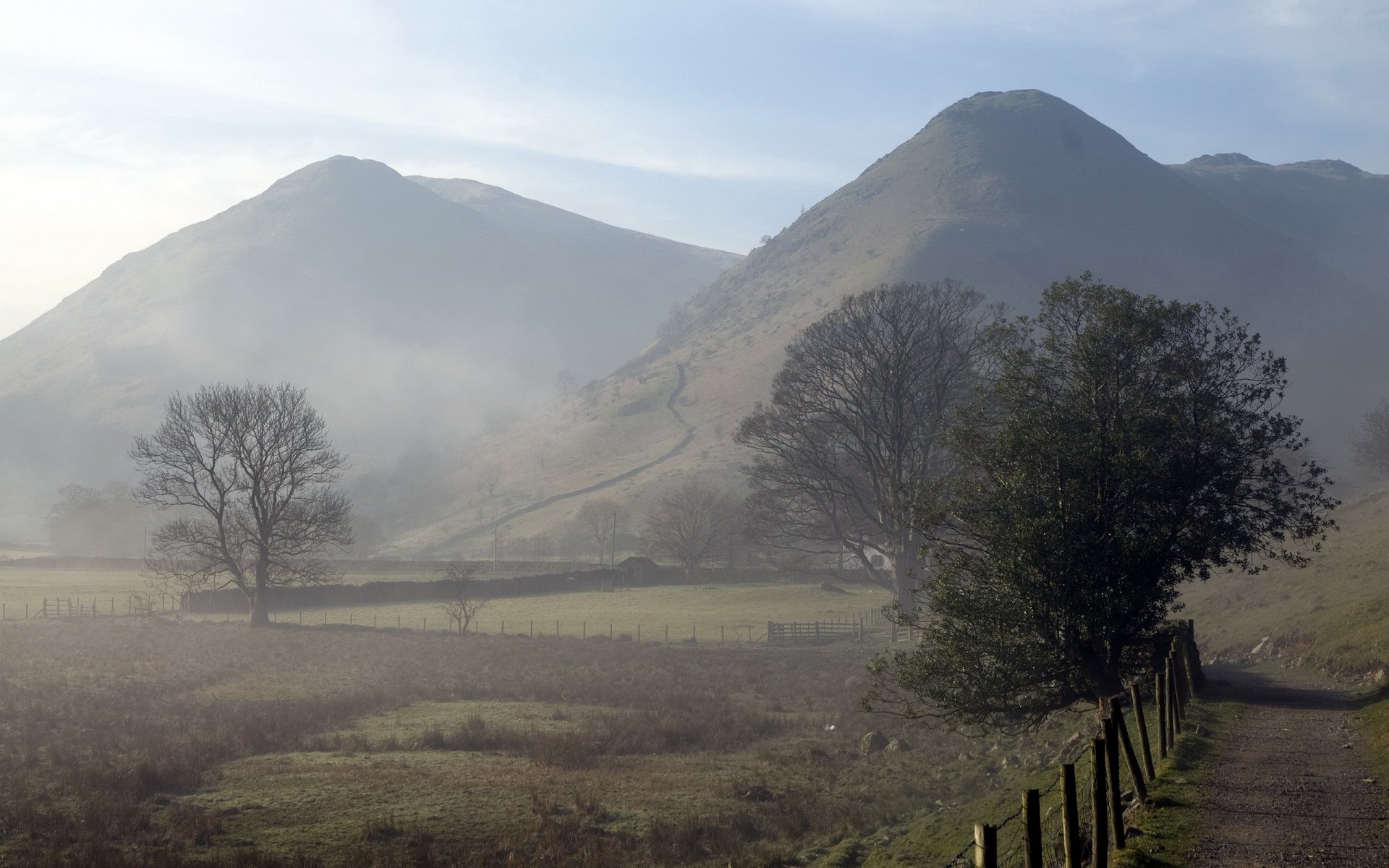 morgen nebel berge straße zaun landschaft