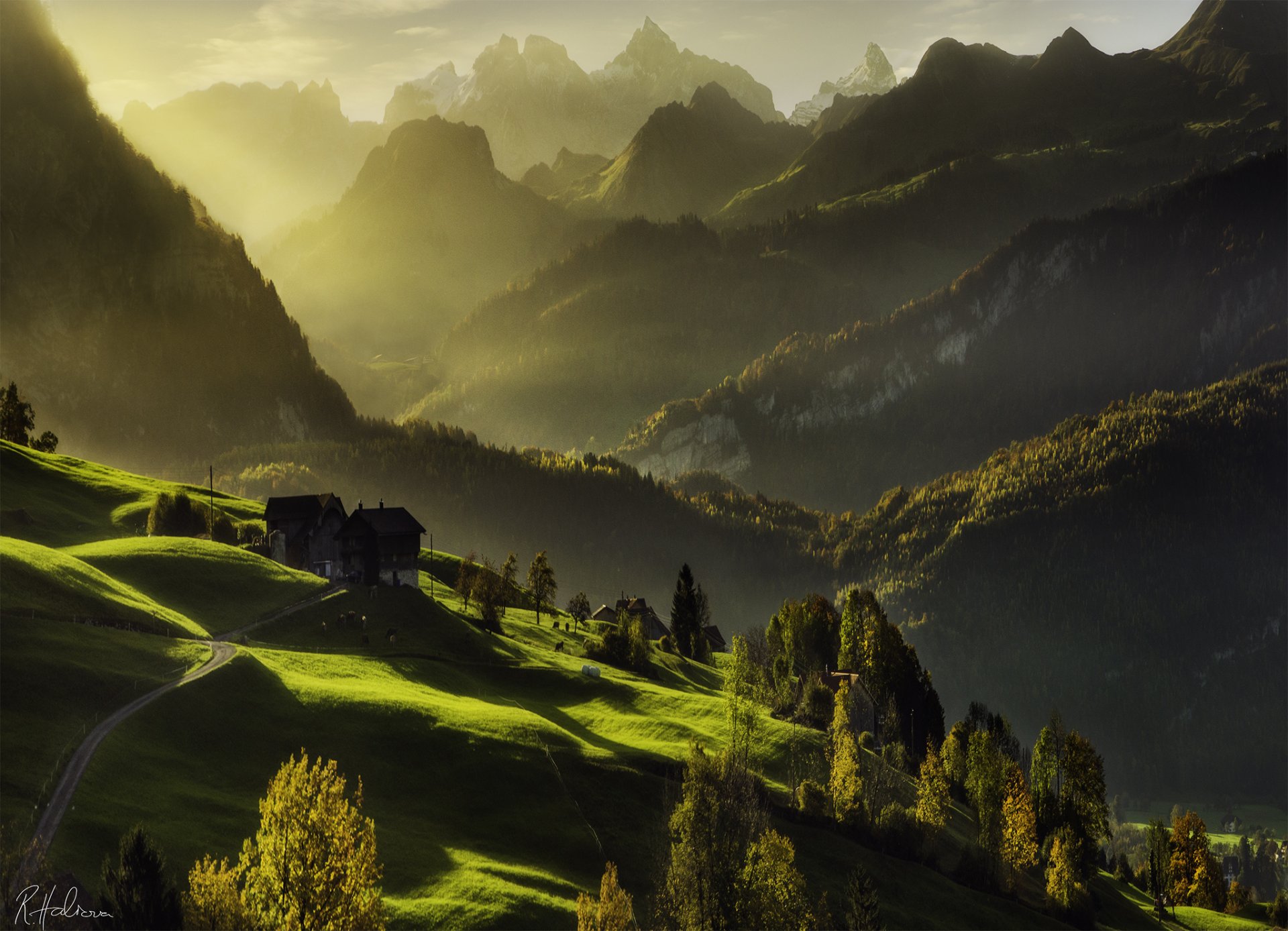 montagnes lumière maisons forêt