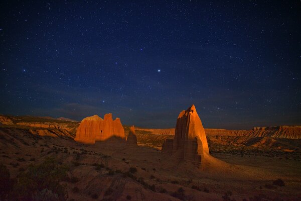 Desert night landscape canyon and rocks