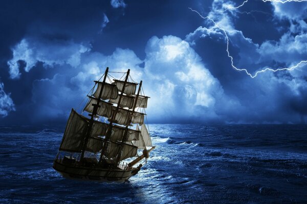 A ship on the high seas during a thunderstorm