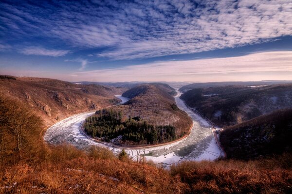 Beautiful winter landscape with a river in Germany