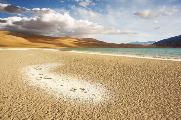 Sandy beach by the lake with blue water