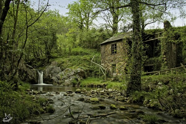 Spanische Landschaft mit Fluss, Wasserfall und geheimnisvollem Wald