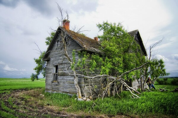 Una vieja casa abandonada en el fondo de un campo