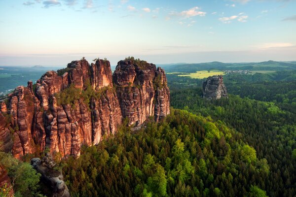 Montagnes au milieu des feuilles vertes des arbres