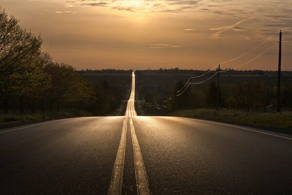 Night sunset landscape on the road