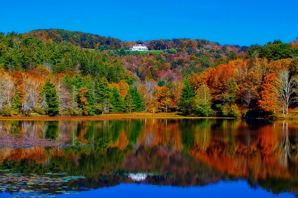 A mansion on a hill amidst an autumn landscape, reflected in a lake