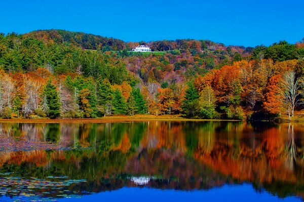 Villa sulla collina in mezzo al paesaggio autunnale, riflessa nel lago