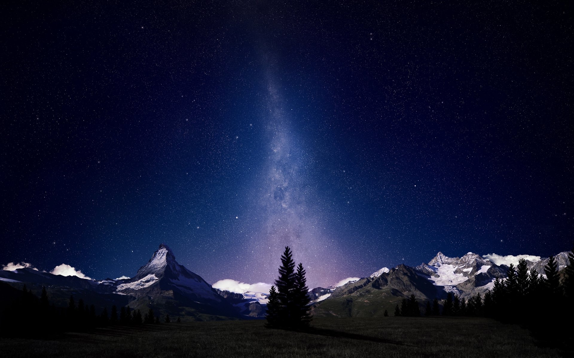 alpes montañas noche vía láctea estrellas bosque