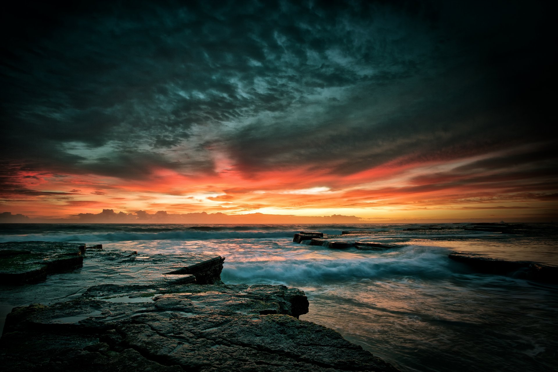 unset sea sky stones rock wave