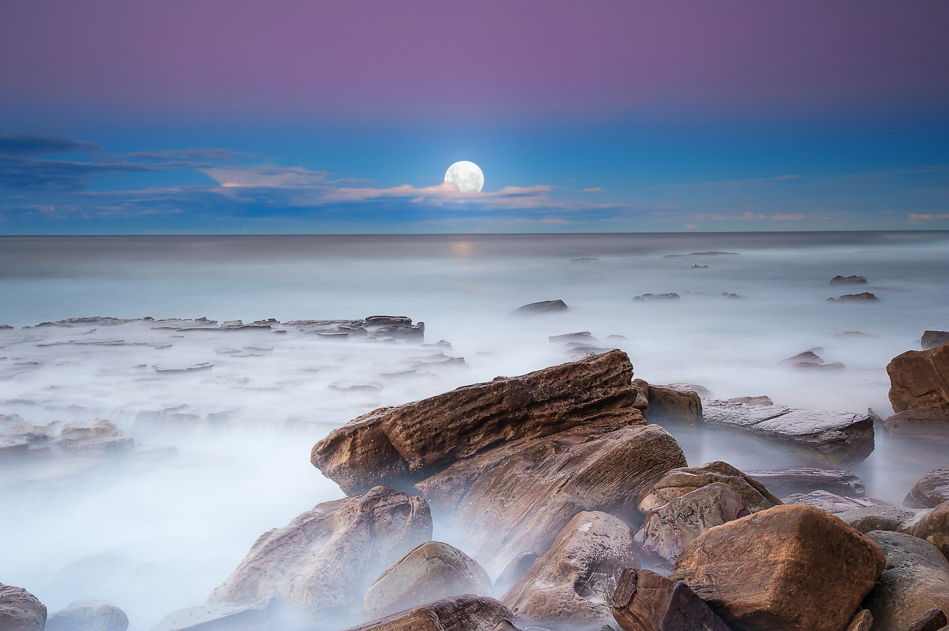 evening night sky moon stones exposure fog