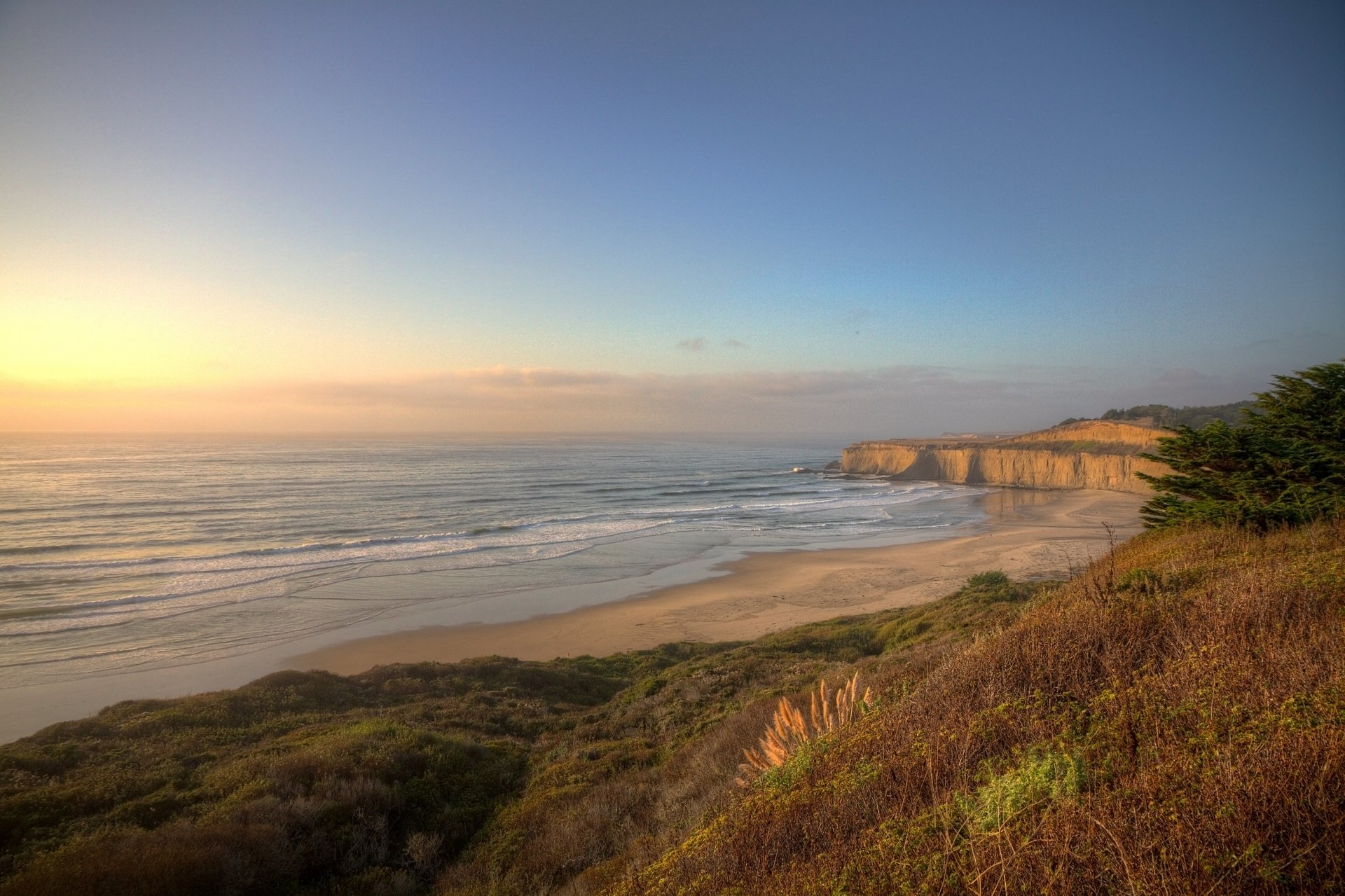 landschaft natur ozean wasser wellen ufer strand sand gras himmel sonnenuntergang wolken 3000x1998