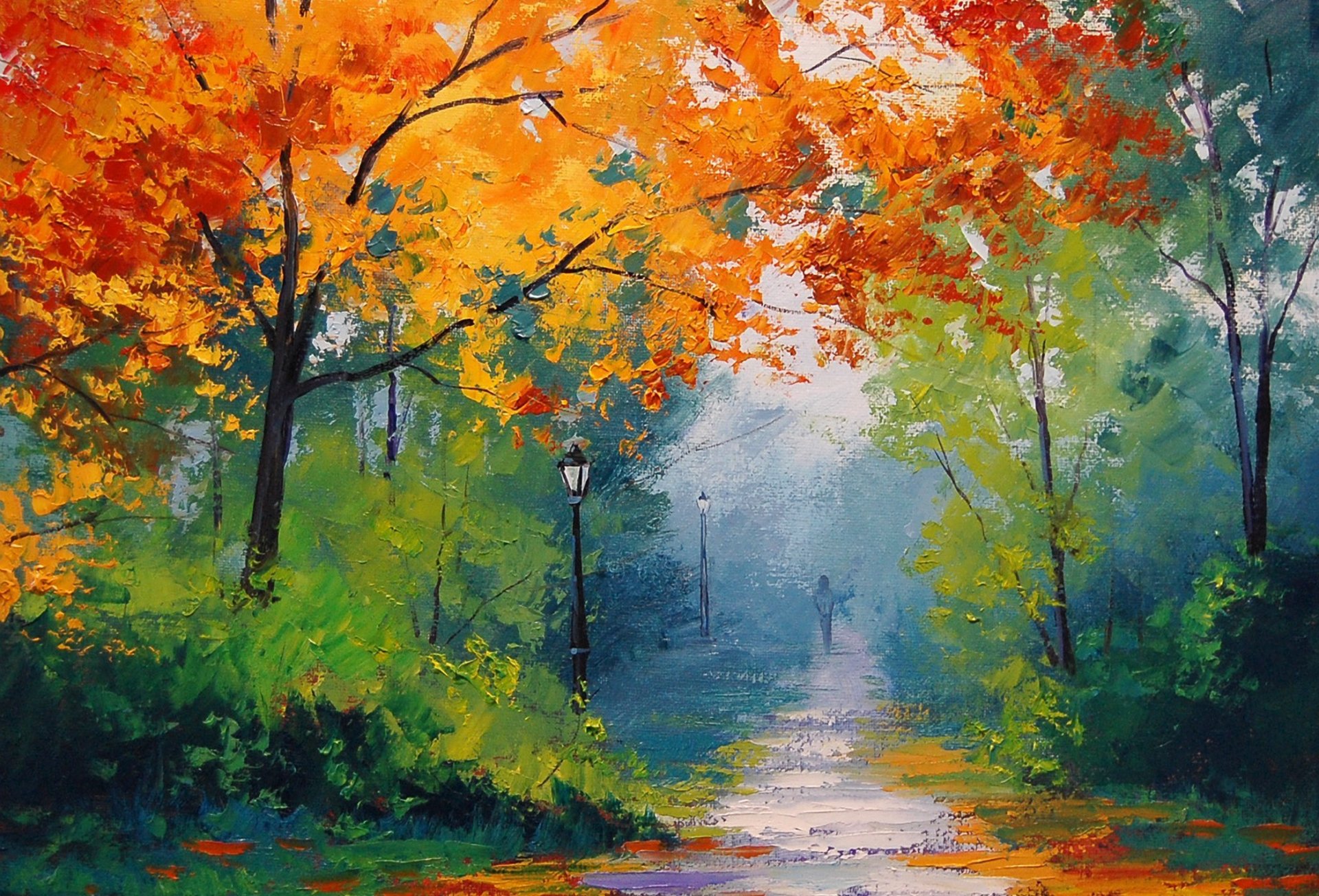 art artsaus park autumn tree yellow lamps track man passer