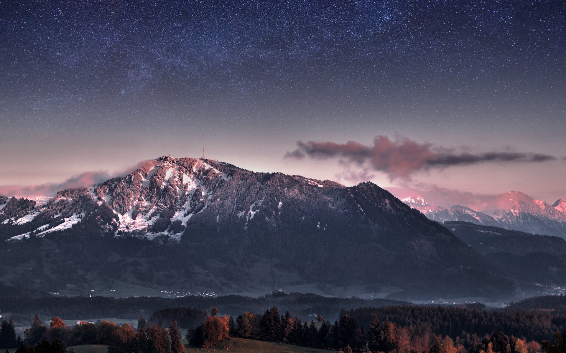 germania montagne crepuscolo sera foresta alberi cielo stelle via lattea