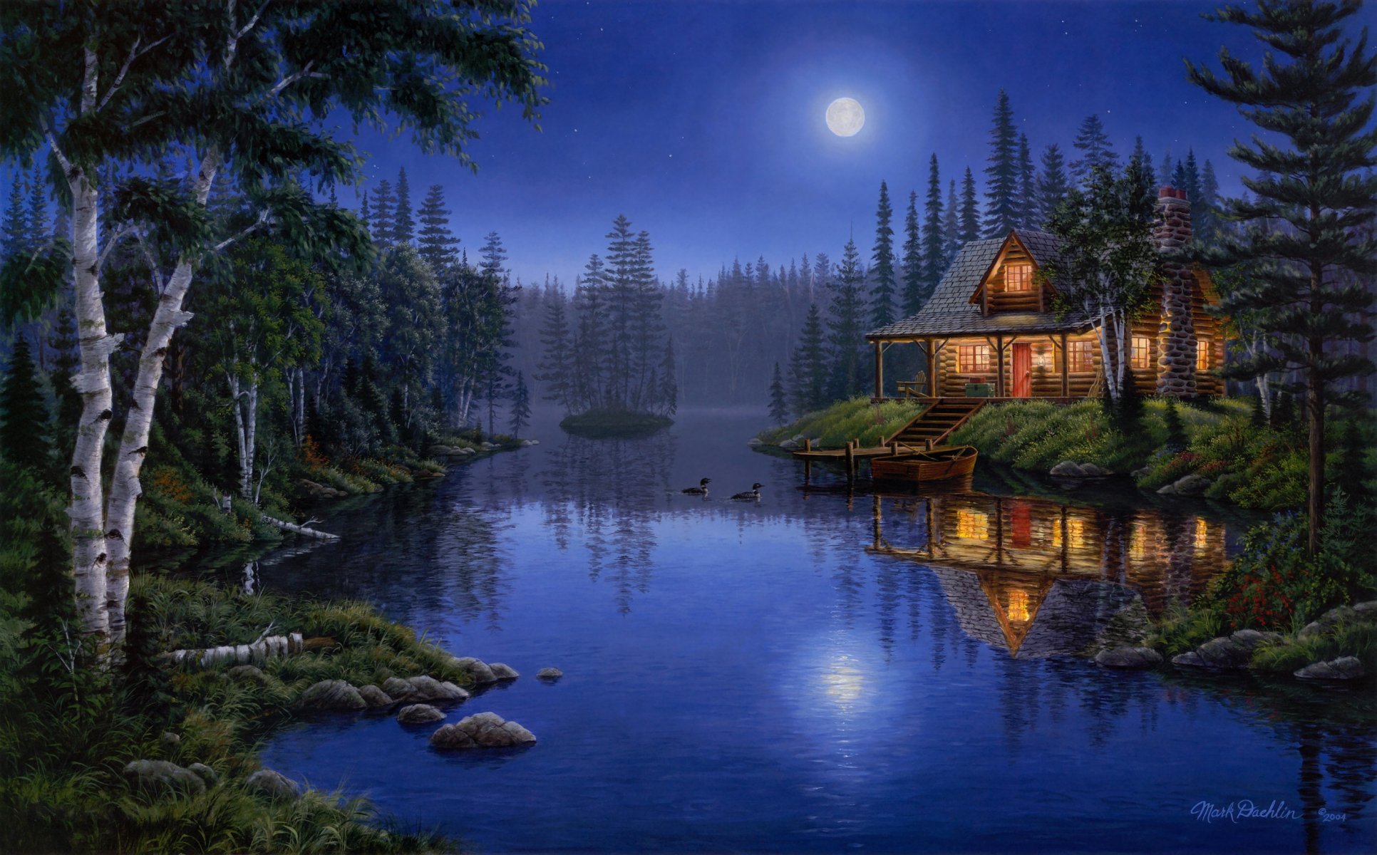 moonlight serenade mark daehlin forest lake light house night moon moonlight painting duck