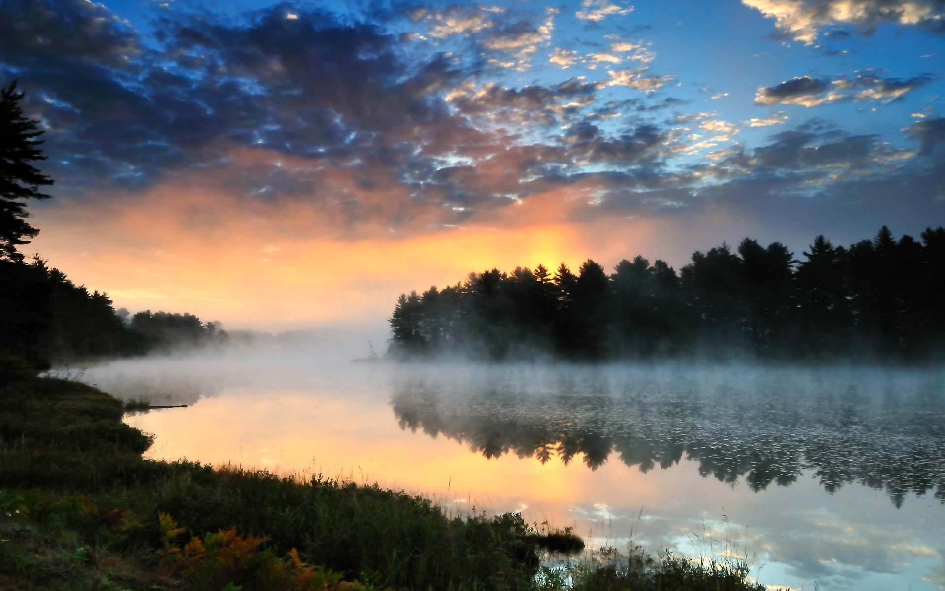 naturaleza paisaje río bosque puesta de sol