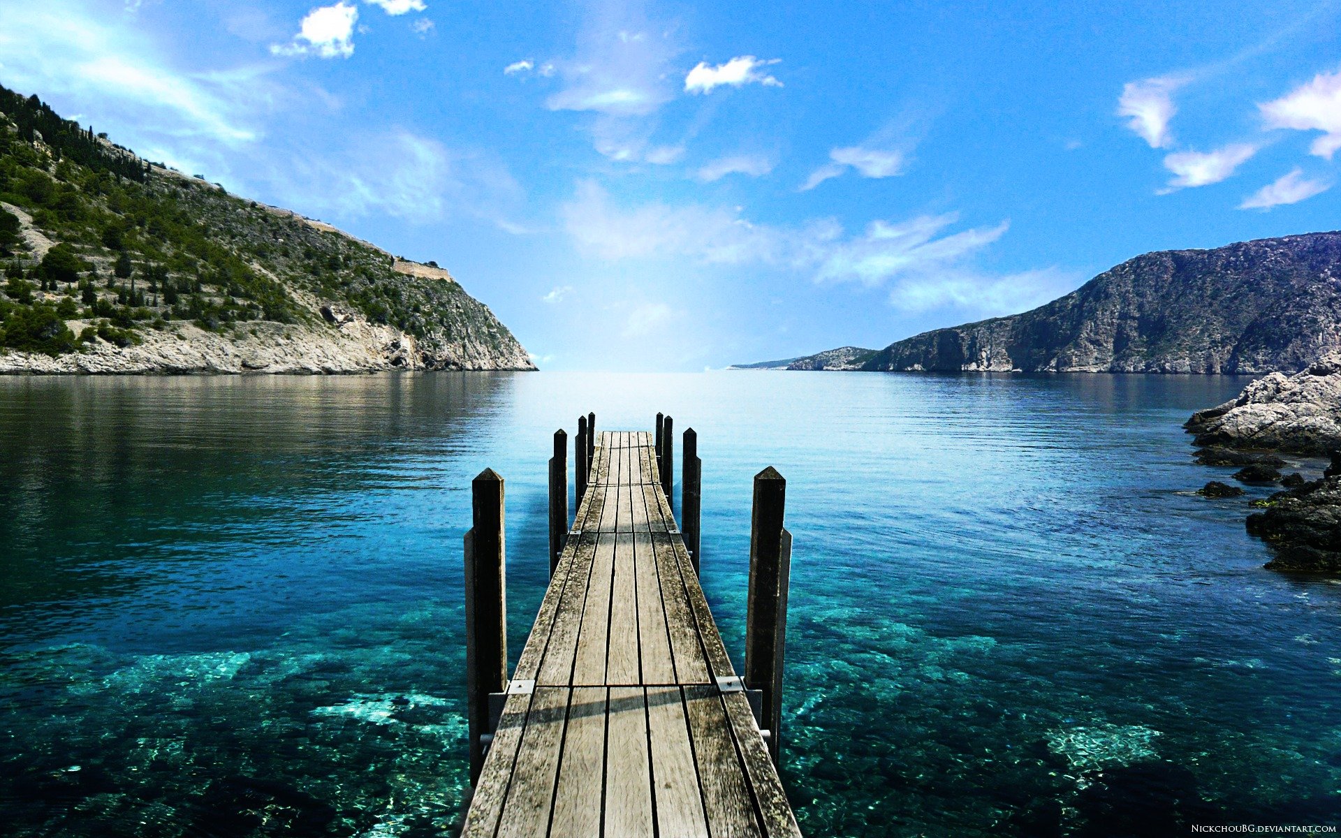 puente mar montañas cielo lago piedras