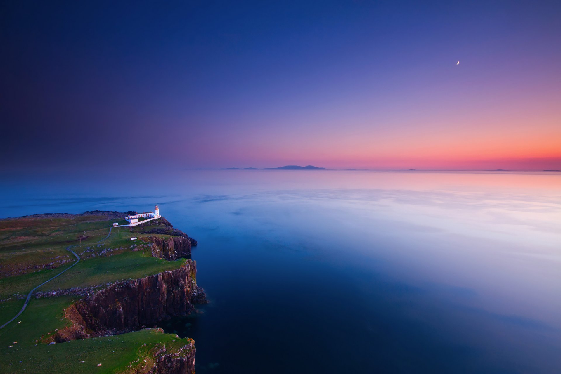 unset night sky moon beach rock lighthouse